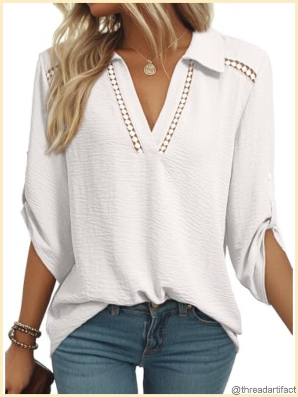 Womens V-Neck 3/4 Sleeve Lace Collar Tunic Top Blouse